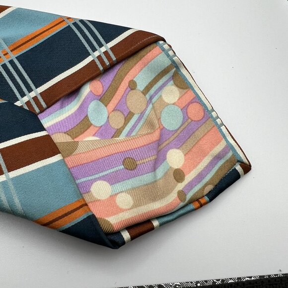 Ted Baker Mens 100% Silk Plaid Tie With Geometric Inner Design Brown/Blue/Orange - Picture 5 of 5